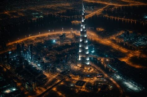 Premium AI Image | a step into aerial night view of Burj khalifa Dubai