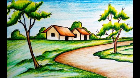 How to draw a village scenery with oil pastel 2017 - YouTube