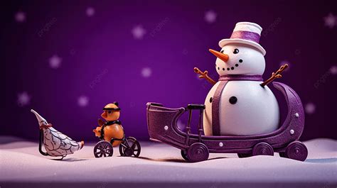 Closeup Of A Funny Snowman And A Christmas Sleigh In The Purple Background, Christmas Gift ...