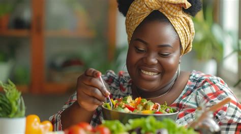 Premium Photo | African healthy woman enjoying salad in her dining room with empty space and ...
