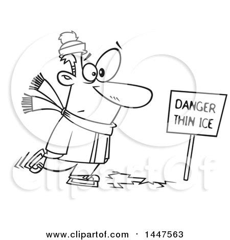 Clipart of a Cartoon Black and White Lineart Man Skating on Thin Ice - Royalty Free Vector ...