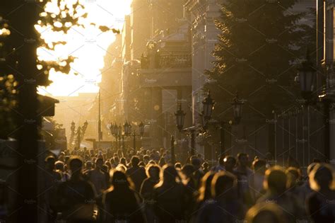 Silhouette crowd of people walking down the street at summer sunset | People Images ~ Creative ...