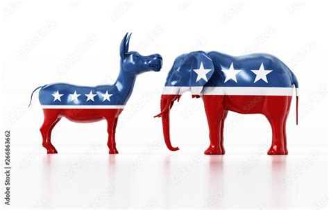 Republican and Democrat party political symbols elephant and donkey. 3D illustration Stock ...