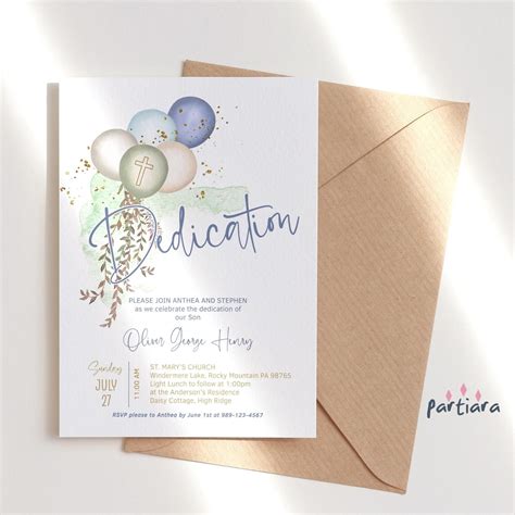 Baby's Dedication Invitation Printable Boy Girl Gender Neutral Pastel Blue Green Balloons Party ...