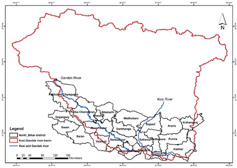 Location map of North Bihar region and Kosi Gandak river basin (red ...