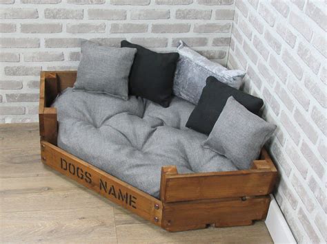 Large Personalised Rustic Wooden Corner Dog Bed In Grey And | Etsy Wood ...