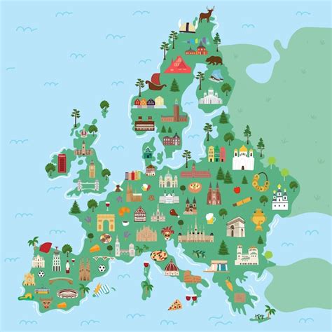 Premium Vector | Illustrated map of Europe continent with famous landmarks and buildings