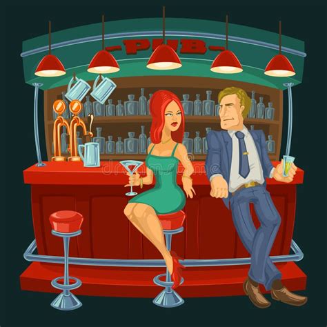 Cartoon Illustration of Man Meets a Woman in Bar Stock Illustration - Illustration of drinking ...