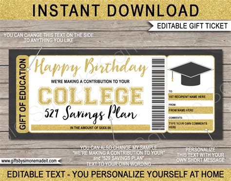 529 Savings Plan Gift Certificate Template | College Fund Donation Card