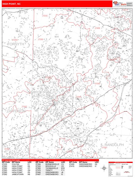 High Point North Carolina Zip Code Wall Map (Red Line Style) by MarketMAPS