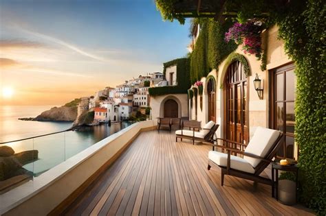 Premium AI Image | a balcony with a view of the sea and the sea