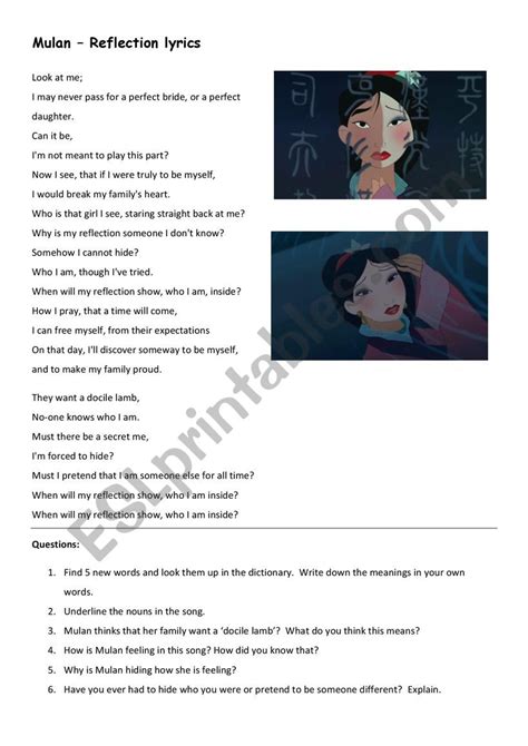 Mulan ´Reflection´ song worksheet - ESL worksheet by mishwieland