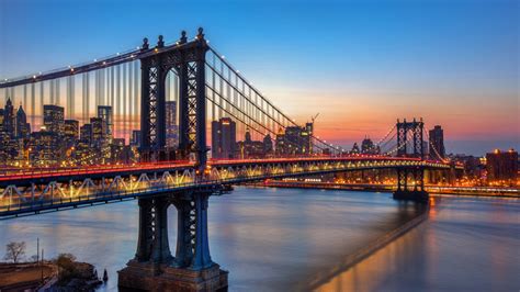 Download 1600x900 Wallpaper Manhattan Bridge, Suspension Bridge, Sunset, New York, City, Lights ...