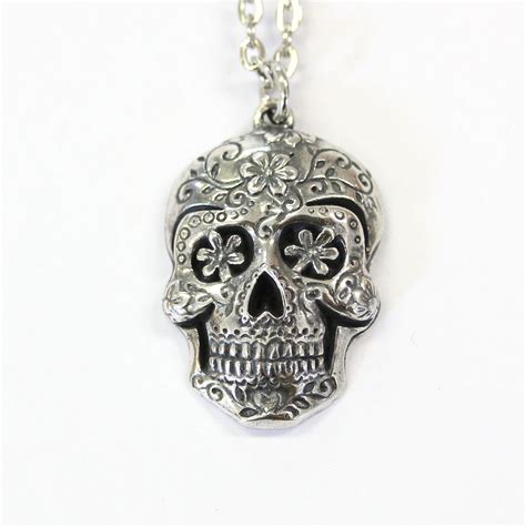 Sugar Skull Pendant Large Sugar Skull Necklace Silver Sugar