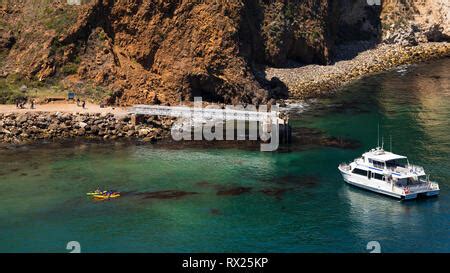 Island Packers boat at the Scorpion Cove dock, Santa Cruz Island, Channel Islands National Park ...