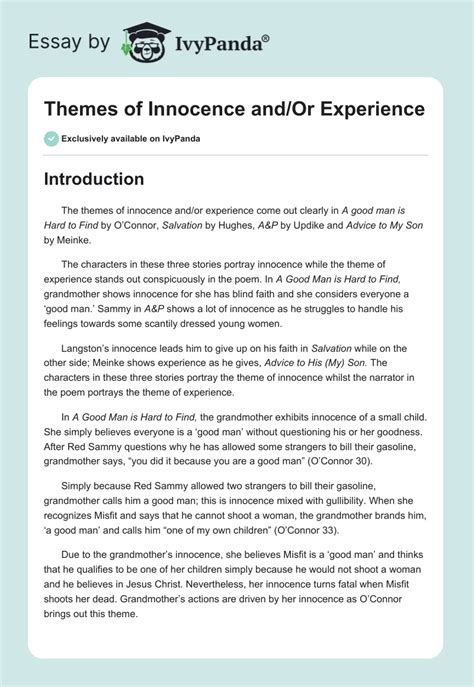 Themes of Innocence and/Or Experience - 885 Words | Essay Example