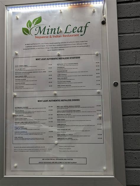 Menu at Mint leaf Nepalese and indian restaurant, Stirling