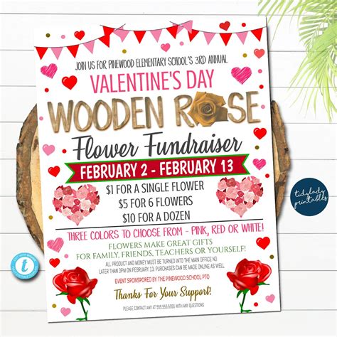 Valentine's Day Wooden Rose Flower Fundraiser Flyer, Printable Invite ...