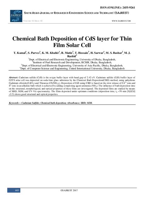 (PDF) Chemical Bath Deposition of CdS layer for Thin Film Solar Cell | Tasnim Kamal, Sheikh ...