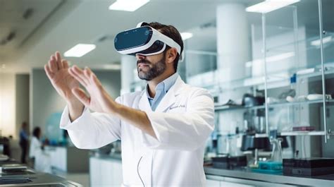 Premium Photo | Scientist wearing a vr headset and interacting with virtual reality in the ...