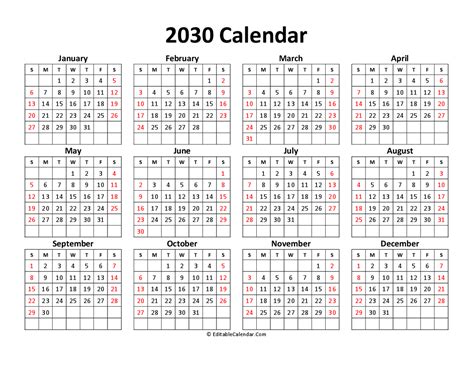 Printable Free Calendar 2030