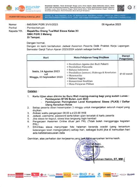 Jadwal Apd PKL Klas Xii 2023 | PDF