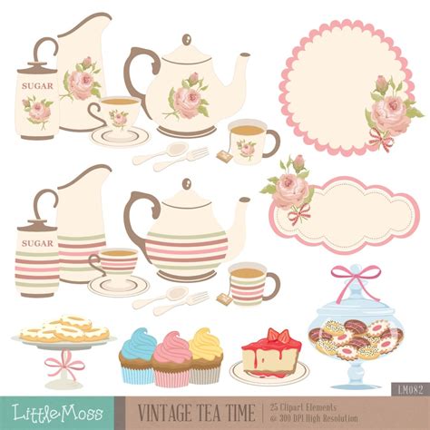 Vintage Tea Time Digital Clipart, Tea Party Clipart, Rose Clipart ...