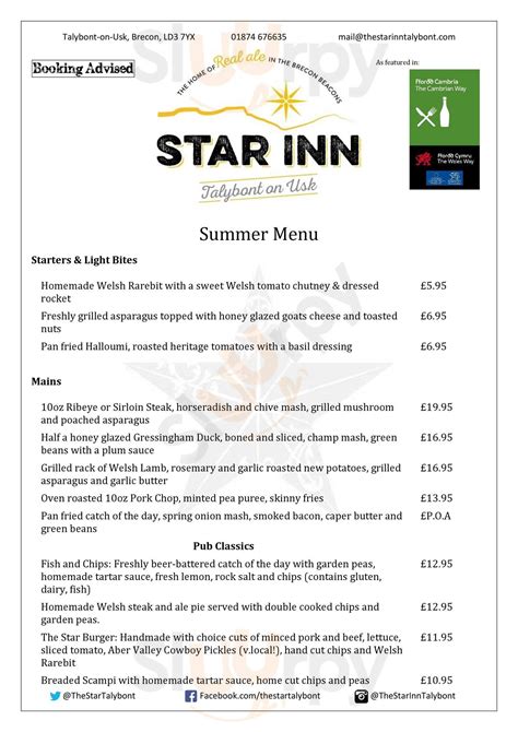 The Star Inn menù, Talybont-on-Usk - Main Menu | Sluurpy