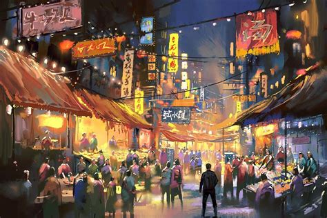 Night market, Ivan 小红花 on ArtStation at https://www.artstation.com/artwork/QkozL | Environmental ...