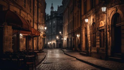 Illuminated city street showcases old, gothic building exteriors at ...