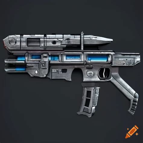 High detailed, 3d schematic view of a futuristic gauss rifle on black background in the style of ...