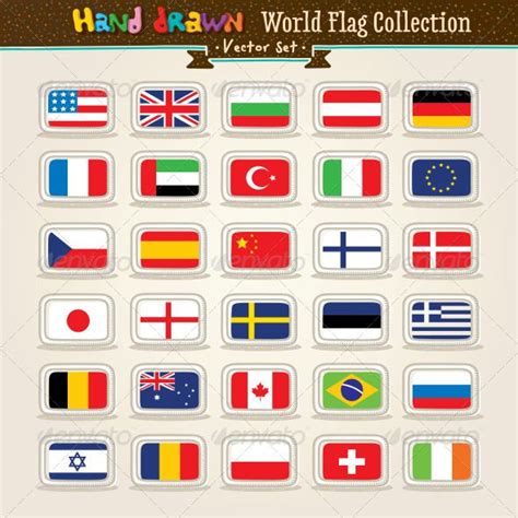 Vector Hand Draw World Flags Icon Set