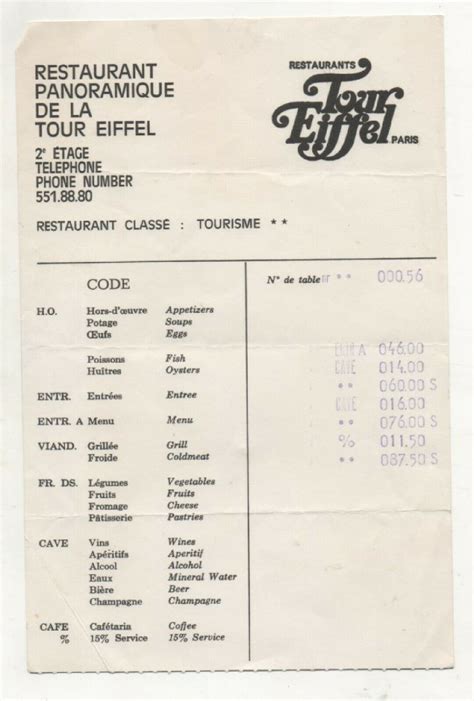 Eiffel Tower Restaurant Menu, Statement | eBay