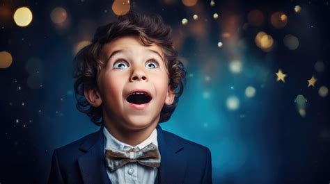 A young boy dressed up in formal attire looks up in awe against a ...