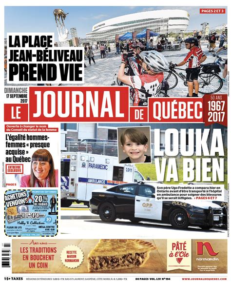 La UNE de votre Journal, édition du 17 septembre 2017. | Le Journal de Québec | Scoopnest