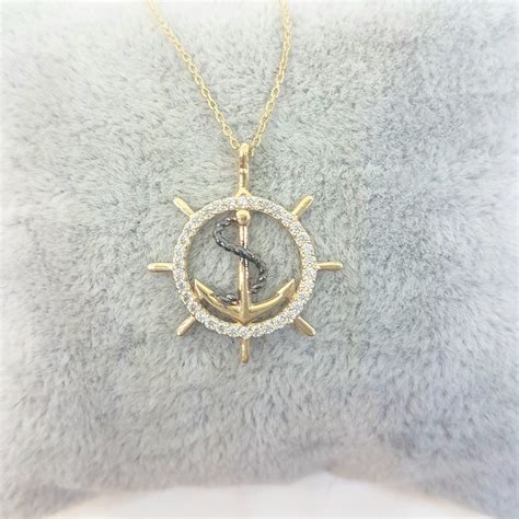 14K Real Solid Gold Anchor Ship Wheel Nautical Pendant Necklace for Women