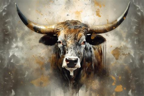 Premium AI Image | Painting of a bull with horns and a large horn on a ...