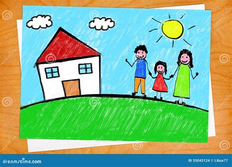 Family House Freehand Child Drawing on Desktop Stock Illustration - Illustration of paper, sunny ...