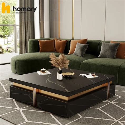 Trimied 43" Modern Black Square Storage Coffee Table Stone Top & 4 Wood ...