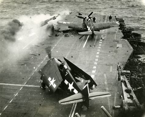 Airplane accident on the deck of the carrier USS Saratoga, Pacific ...