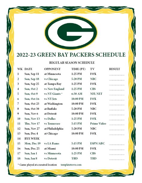 Printable 2022-2023 Green Bay Packers Schedule