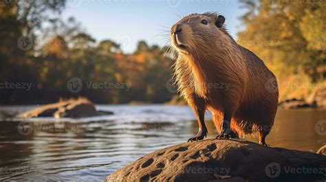 Close-up photo of a Capybara looking in their habitat. Generative AI ...