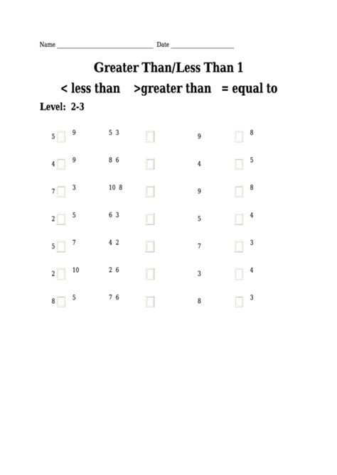 Greater Than/less Than Equalities Math Worksheet printable pdf download