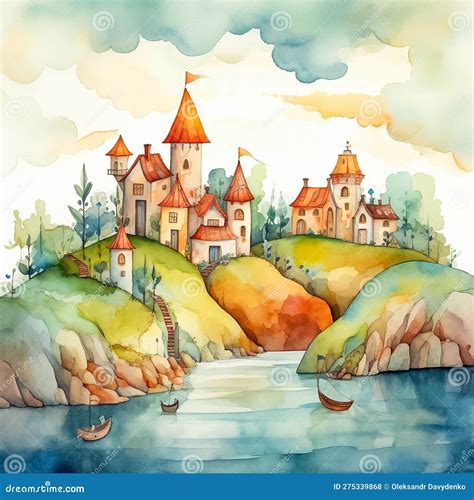 Castle on the Shore of the Ocean. Digital Watercolor Illustration ...