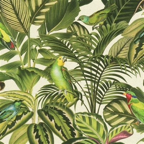 Rasch Tropical Exotic Parrot Wallpaper Jungle Bird Palm Leaf Green Cream 439533