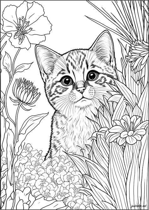 Cute cat behind flowers - 1 - Cats Adult Coloring Pages