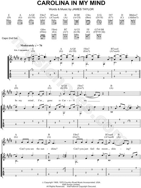 James Taylor "Carolina In My Mind" Guitar Tab in E Major - Download & Print - SKU: MN0069280