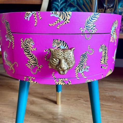 Hot Pink Magenta Tiger round bedside table . Fun Bright Home Decor . Ideal for Nightstand or ...