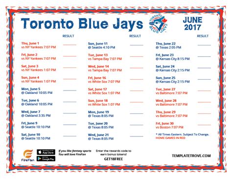 Printable 2017 Toronto Blue Jays Schedule