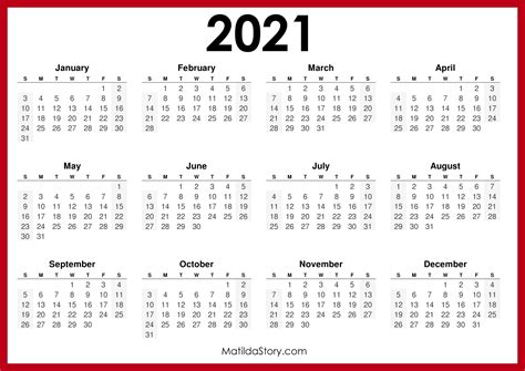 2021 Printable Free Calendar, Horizontal, Red – Sunday Start, HD – MatildaStory.com